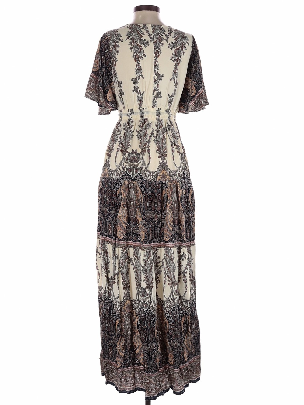 Easel Boho Mixed Paisley Print Tassel Tie Waist Flutter Sleeve Maxi Dress• Small - Picture 5 of 6